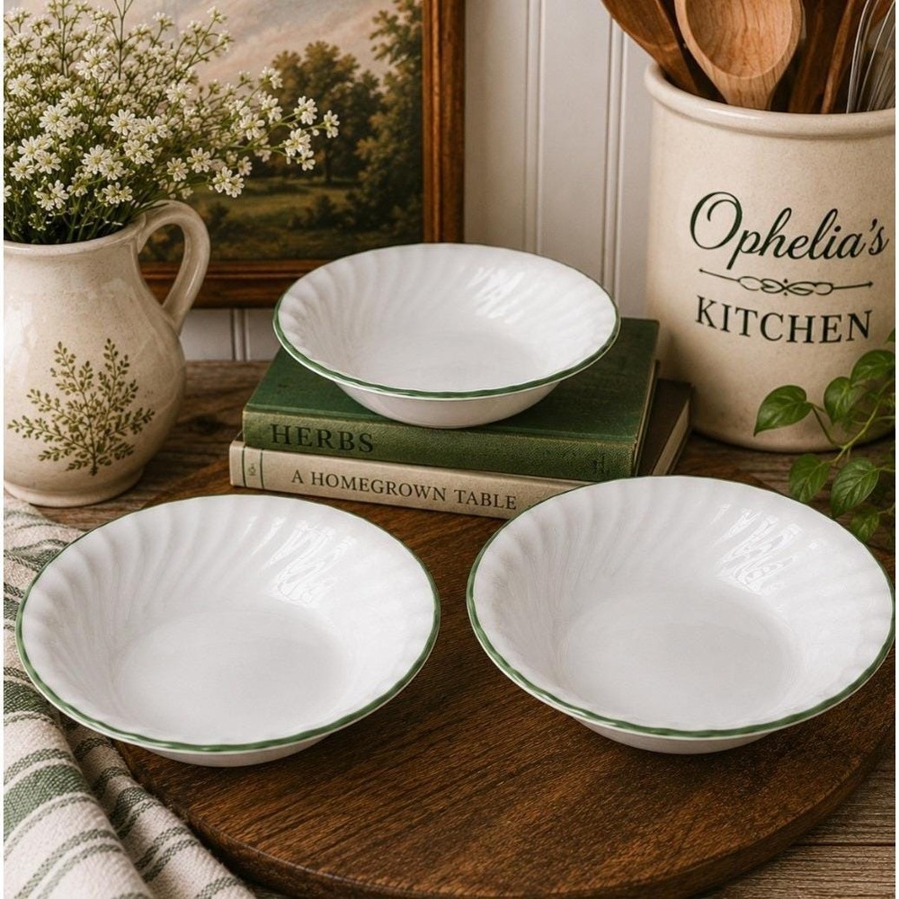 Corelle Soup Salad Cereal Bowls "Chutney" White Swirl Green Rim 7 1/4" Set of 3